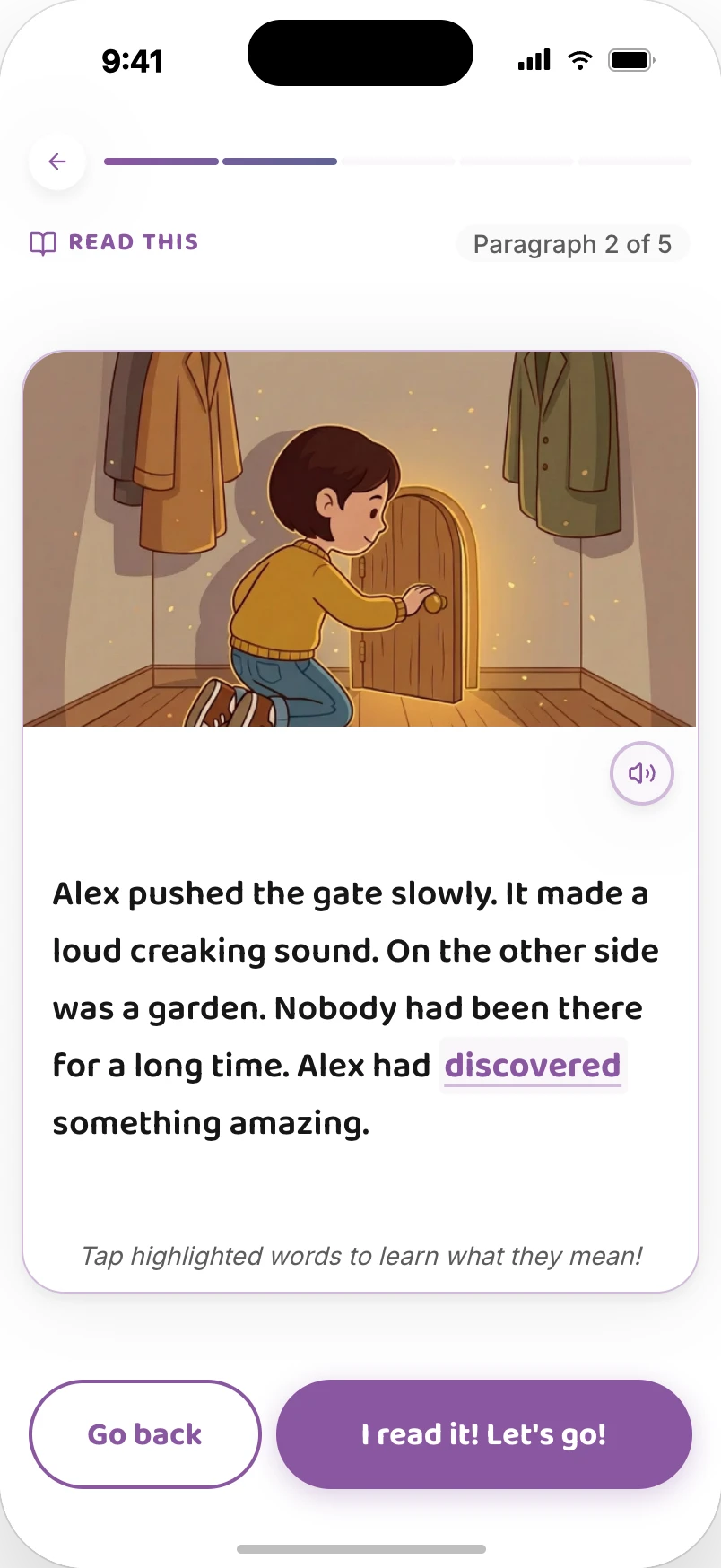 Lesson screenshot: reading about a secret garden