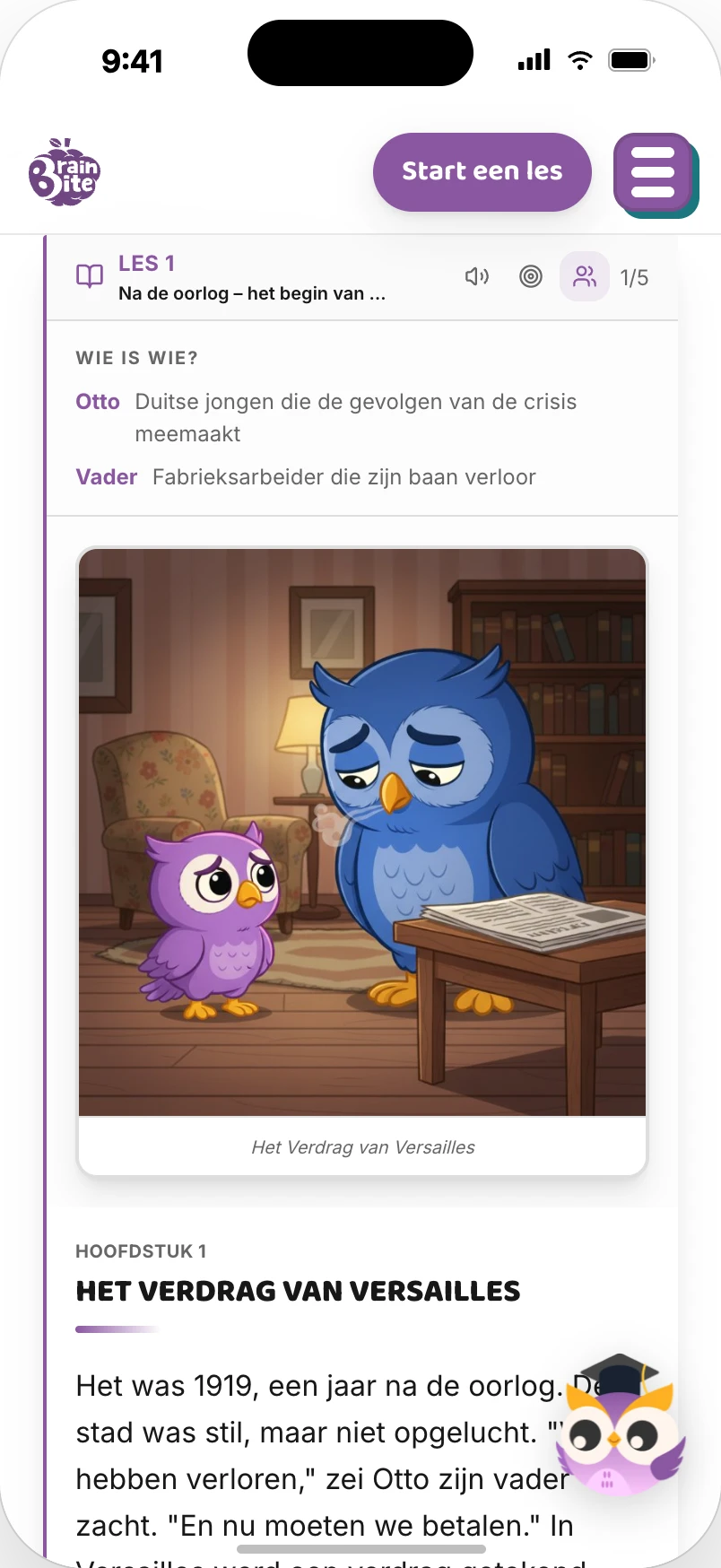 Lesson screenshot: the Treaty of Versailles (Dutch)