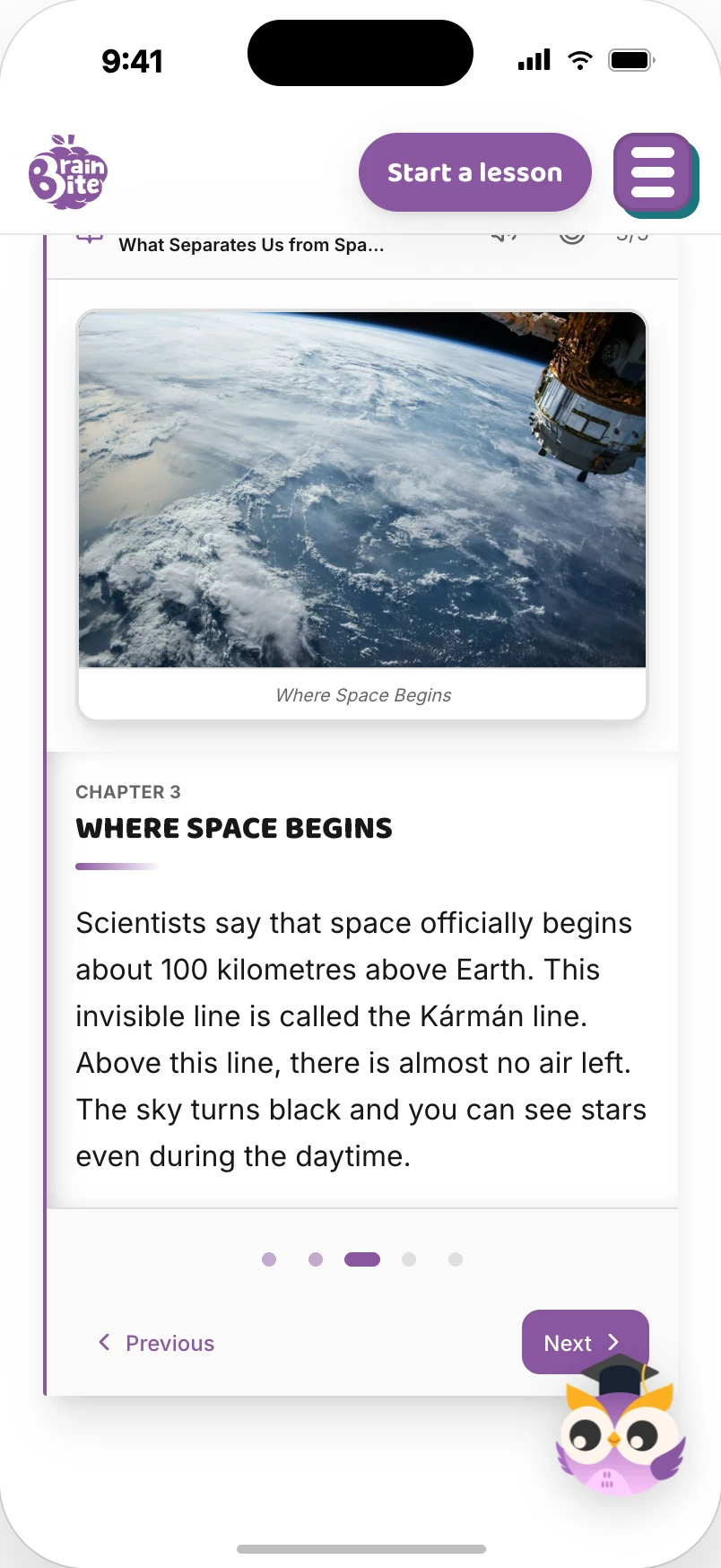 Lesson screenshot: where space begins, the Kármán line